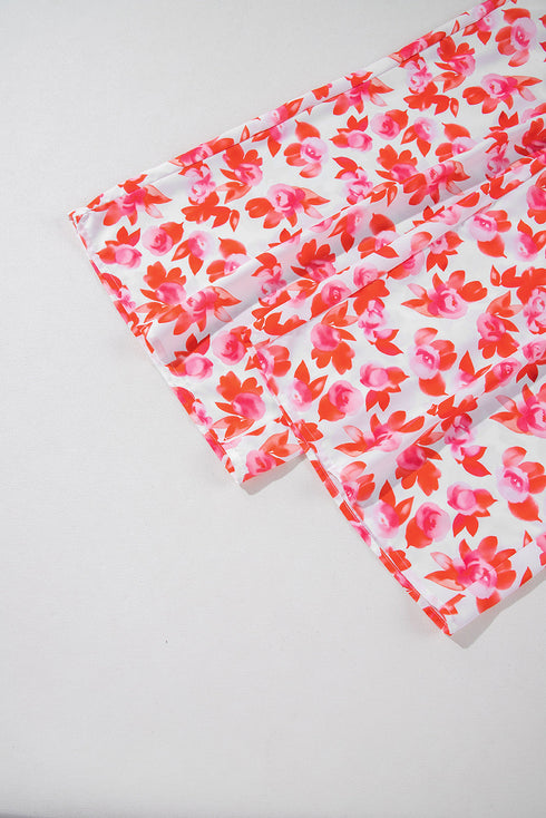 Pink Floral Print Twisted Bandeau Keyhole Pleated Wide Leg Jumpsuit